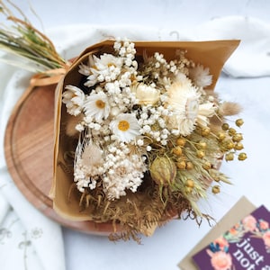 Rustic Dried Flower Bouquet – White & Natural Strawflowers, Fern and Daisies - "Love In A Mist"