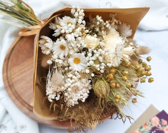 Rustic Dried Flower Bouquet – White & Natural Strawflowers, Fern and Daisies - "Love In A Mist"