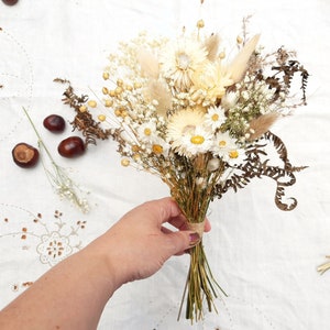 Dried Flower Rustic Bouquet in White & Natural Tones, Handmade with Strawflowers , Fern and Daisies- Love In A Mist Collection