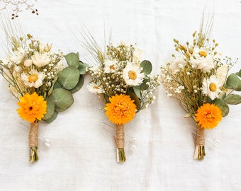 Dried Flower Buttonhole in Yellow , Green and White , Boutonniere with Strawflowers ,  Daisies , Eucalyptus , Summer Gold