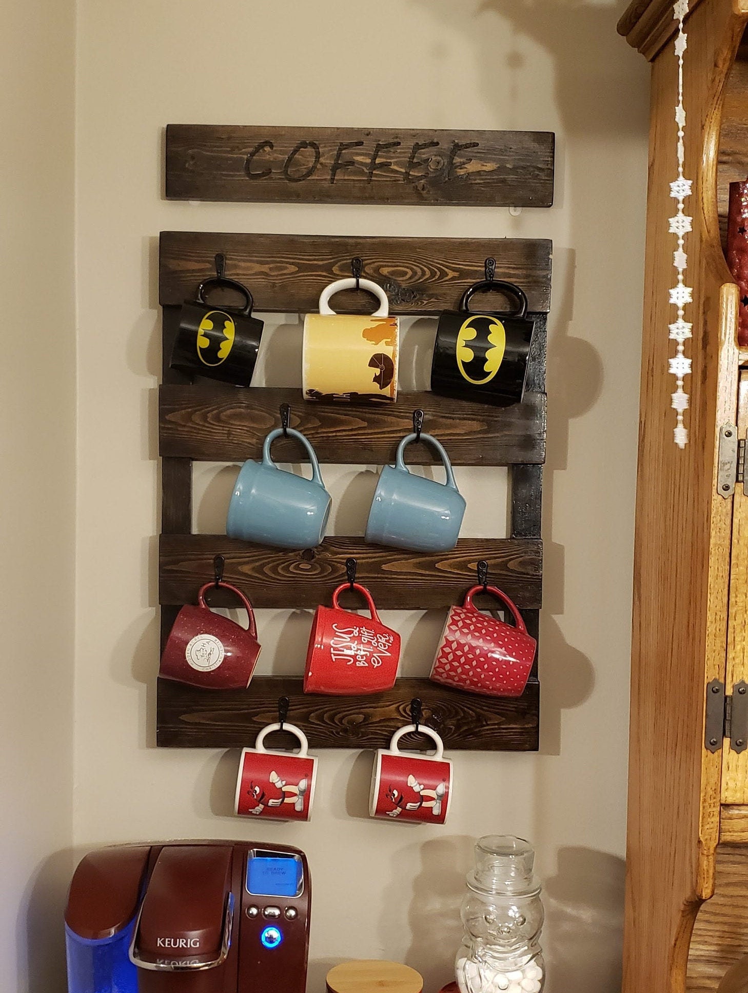 Mickey Inspired Wood Wall Mounted Coffee Mug Rack 