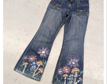 1 of 1 Up-Cycled "Walk in the Woods" Y2K flare jeans