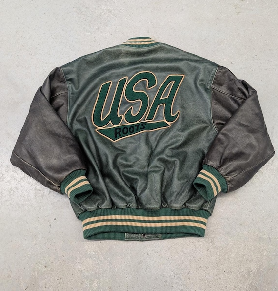 Rare Vintage Roots Sporting Goods USA Green Leather Jacket - Etsy