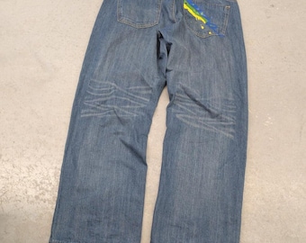 Y2k RocaWear Baggy Wide Leg Paint Logo Blue Denim Jeans