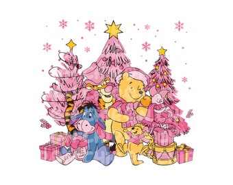 Pink Winnie Christmas Png, Pink Winnie The Pooh Svg, Pink Winnie The Pooh Christmas Svg, Pink Christmas Family Png, Christmas Tree Png