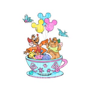 Könnte beinhalten: Zwei Comic-Mäuse in einer Teetasse mit bunten Luftballons. Die Mäuse halten die Ballons fest und lächeln. Die Teetasse ist blau und weiß mit rosa und gelben Akzenten. In der Teetasse befinden sich auch Nähutensilien.