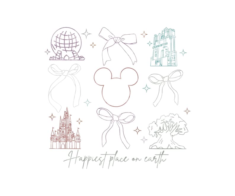 May include: A line drawing illustration of various Disney World icons, including Cinderella's Castle, the Spaceship Earth, the Tree of Life, and Mickey Mouse's head. The text "Happiest place on earth" is written below the icons.