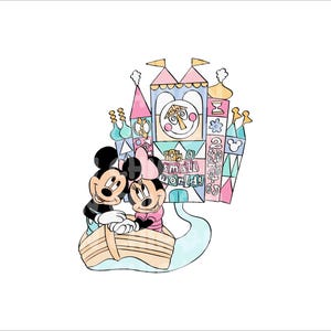 May include: A watercolor illustration of Mickey Mouse and Minnie Mouse in a boat in front of a colorful It's a Small World ride building. The building has a clock face with a smiling face and the words "It's a Small World!" on it.