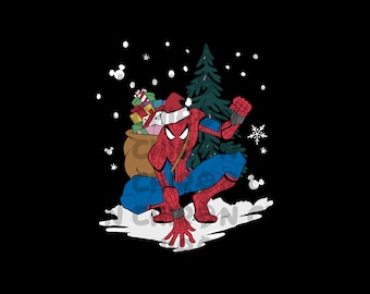 May include: A red and blue Spiderman wearing a Santa hat is crouched in the snow with a bag of presents. There is a green Christmas tree behind him and snowflakes falling.