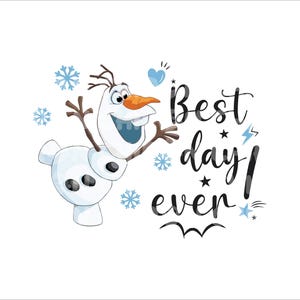 Puede incluir: Un muñeco de nieve de dibujos animados con una cara azul y naranja, que lleva un sombrero blanco, con el texto "Best day ever!" en letras negras.