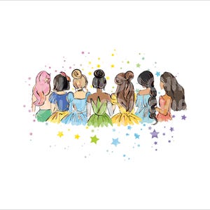 Puede incluir: Un grupo de siete mujeres con el pelo largo, vestidas con vestidos coloridos y de pie de espaldas, con un fondo de estrellas dispersas.