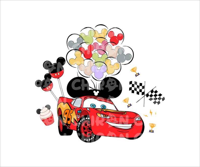 Puede incluir: Coche de carreras rojo de dibujos animados con orejas de Mickey Mouse y un mont&oacute;n de globos de colores. El coche tiene el n&uacute;mero 95 en el lateral y las palabras "Rayo McQueen" en el neum&aacute;tico.