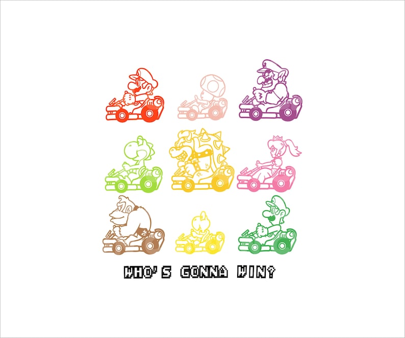 Pode incluir: Uma ilustra&ccedil;&atilde;o colorida de oito personagens da s&eacute;rie de videogames Mario Kart competindo em karts. Os personagens s&atilde;o Mario, Luigi, Peach, Toad, Donkey Kong, Yoshi, Bowser e Wario. O texto "Who's gonna win?" est&aacute; abaixo dos personagens.