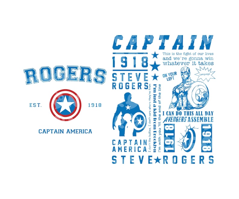 Puede incluir: Un dise&ntilde;o gr&aacute;fico azul y blanco con im&aacute;genes del Capit&aacute;n Am&eacute;rica. El dise&ntilde;o incluye las palabras "Captain", "Rogers", "Steve Rogers" y "Avengers Assemble". El dise&ntilde;o presenta el escudo y la estrella ic&oacute;nicos, junto con varias citas y el a&ntilde;o 1918.