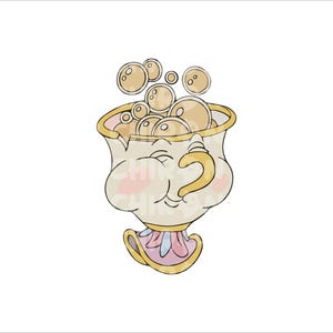 Puede incluir: Una ilustración de dibujos animados de una taza de té con una cara. La taza de té está llena de burbujas amarillas y tiene un asa rosa y azul.