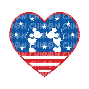 May include: A red, white, and blue heart-shaped design with a silhouette of Mickey Mouse and Minnie Mouse kissing. The background is a blue heart with white stars and the bottom is a red and white striped pattern.