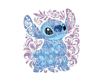 May include: A light blue cartoon character with large ears and eyes, surrounded by floral and swirling patterns in shades of blue and purple. The character's body is adorned with flower designs, set against a white background.