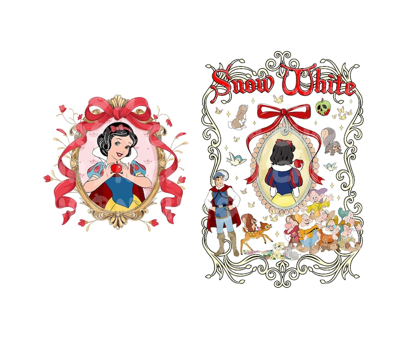 May include: A digital illustration of Snow White holding a red apple. The image is surrounded by a gold frame with red and white ribbons. The text "Snow White" is written in a decorative font above the image.