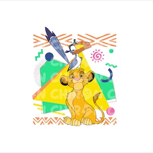 May include: A yellow lion cub with a blue bird perched on its head. The image is set against a colorful geometric background with a yellow sun and a pink circle.