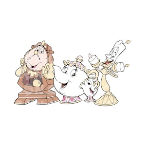 Op de afbeelding: Een cartoonillustratie van vier personages uit de Disney-film Belle en het Beest. De personages zijn Cogsworth de klok, Mrs. Potts de theepot, Chip de theekop en Lumiere de kandelaar. De personages lachen allemaal en zien er gelukkig uit.