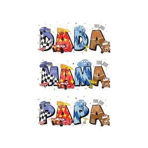 Op de afbeelding: Een kleurrijk grafisch ontwerp met de woorden "Dada", "Mama" en "Papa" met cartoonauto's en racevlaggen.