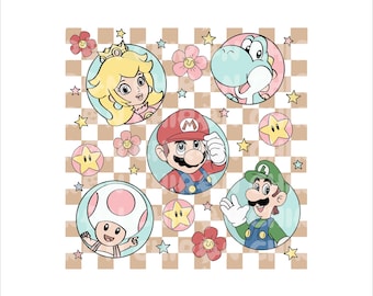 Retro Mario Characters Png, Princess Peach Png , Mario Png, Luigi Png, Super Mario SVG, Toad Png, Yoshi Png, Super Mario, Mario Shirt Svg