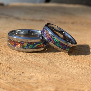 Tie Dye ring, Tungsten band, Rainbow inlay, dichrolam men&#39;s ring, woman&#39;s ring, wedding band, engagement ring, unique ring gift, custom ring