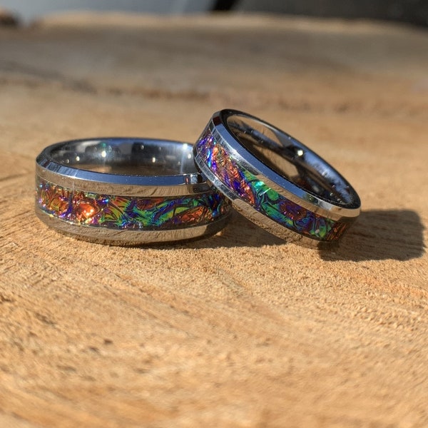 Tie Dye ring, Tungsten band, Rainbow inlay, dichrolam men's ring, woman's ring, wedding band, engagement ring, unique ring gift, custom ring