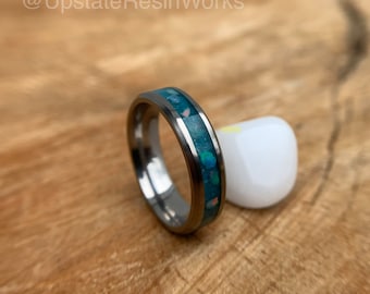 London Blue Topaz and Opal ring, Blue Topaz and Opal band, for him, for her, vow renewal,  wedding ring, engagement ring, promise ring