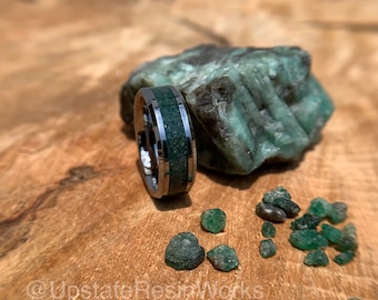 Emerald Green ring, Tungsten band, Real Emeralds crushed, gemstone rings, mens ring womans ring, wedding band, engagement ring