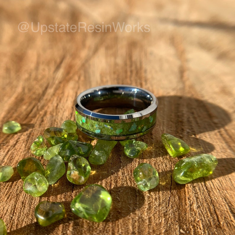 Peridot ring, Opal and Peridot band, gemstone rings, peridot vow renewal, wedding band, engagement ring, promise band, matching peridot band image 2