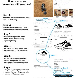 May include: A step-by-step guide on how to order an engraving for a ring on Etsy. The guide shows how to search for the shop, select the engraving font, personalize the message, and add the engraving to the cart.