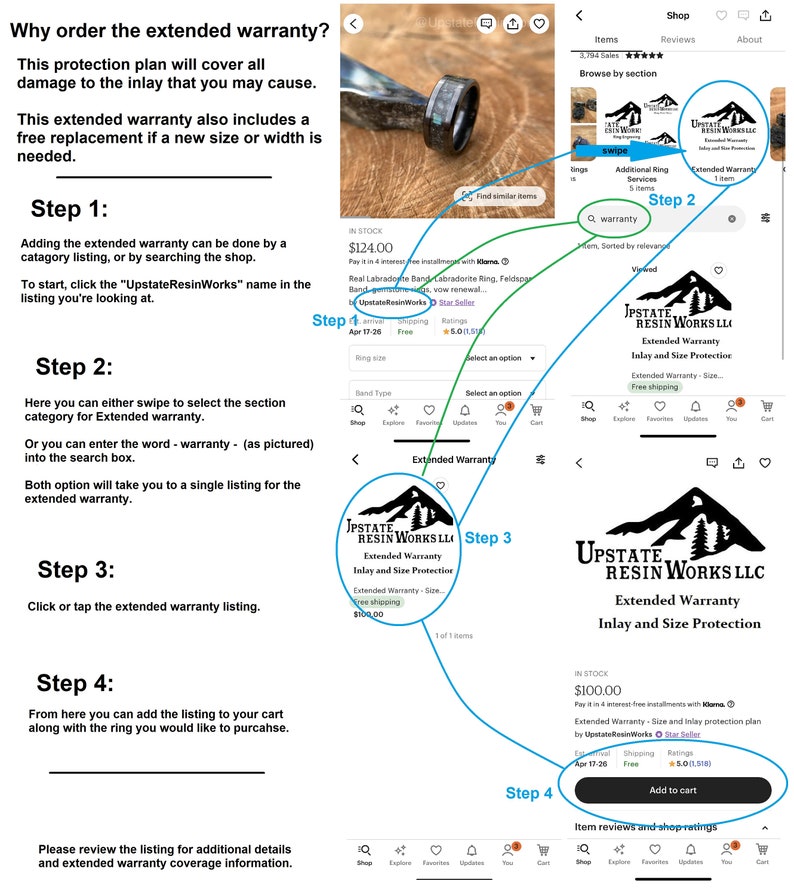 May include: A step-by-step guide on how to purchase an extended warranty for an inlay and size protection plan for a ring. The guide includes instructions on how to find the warranty listing, add it to your cart, and review the details of the warranty.