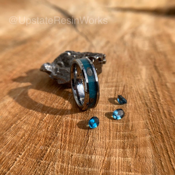 Real London Blue Topaz ring, Meteorite and Topaz ring, meteorite ring, gemstone rings mens ring womans ring, wedding band, engagement band