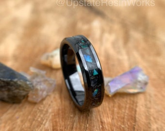 Genuine Labradorite ring, Labradorite and opal, Labradorite Band, Feldspar ring, mens ring, womans ring, wedding ring, engagement ring