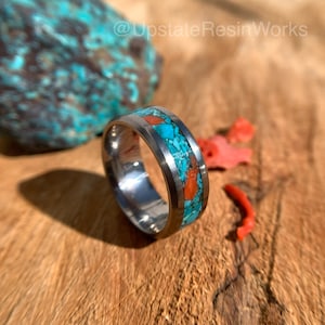 Red coral and Turquoise band, Blue Bisbee turquoise, Blue turquoise ring, wedding band, promise band, Anniversary Band, engagement band