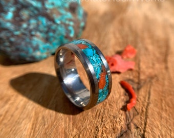 Red coral and Turquoise band, Blue Bisbee turquoise, Blue turquoise ring, wedding band, promise band, Anniversary Band, engagement band