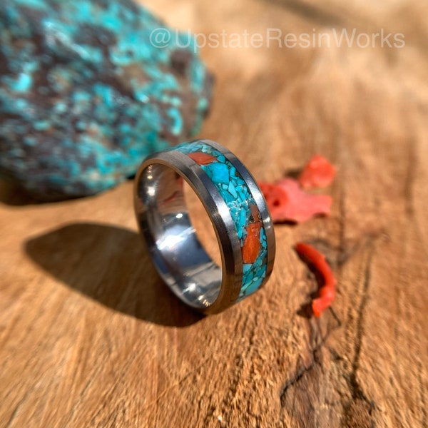 Red coral and Turquoise band, Blue Bisbee turquoise, Blue turquoise ring, wedding band, promise band, Anniversary Band, engagement band