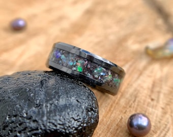 Real Black Pearl Band, Opal and Black Pearl Band, Peacock pearl Band, Black pearl ring, wedding band, engagement band, promise band, Pearl