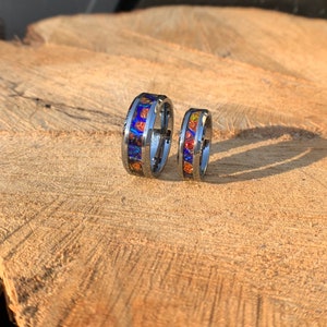 Blue and Red ring, Tungsten band, dichrolam inlay, men&#39;s ring, woman&#39;s ring, wedding band, engagement ring, unique ring gift, custom ring