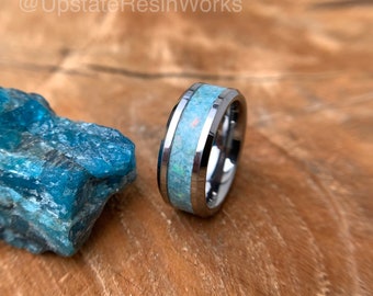 Blue Apatite ring, Opal and Apatite band, gemstone band, Tungsten band, apatite vow renewal, wedding band, engagement ring, promise band
