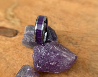 Genuine amethyst ring, crystal, gemstone ring, Titanium, Tungsten, wedding ring, promise ring, Anniversary Band, for him, for her, 6mm, 8mm