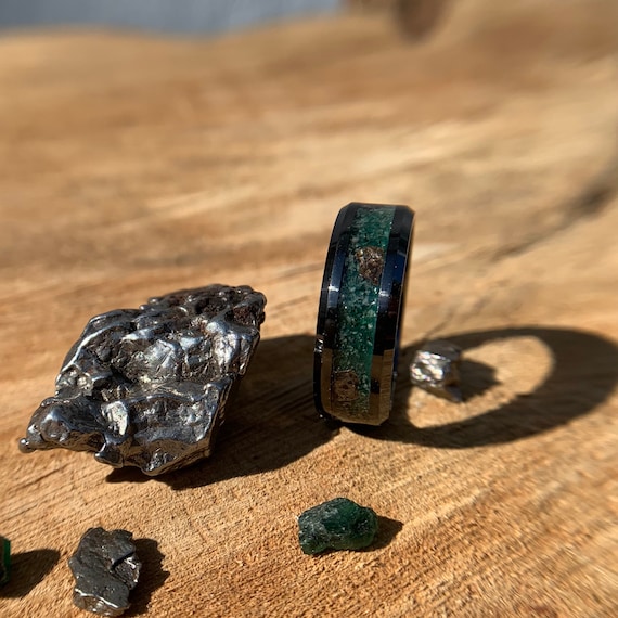 Real Emerald Ring Metorite Chunks Crystal Ring Meteorite Ring