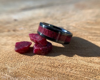 Genuine Ruby ring, crystal, gemstone ring, Titanium, Tungsten, wedding ring, promise ring, Anniversary Band, for him, for her, 6mm, 8mm