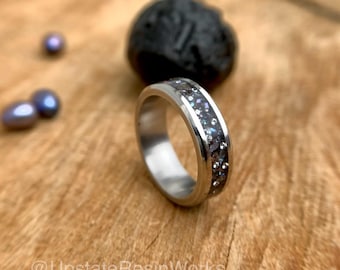 Genuine Black Pearl ring, Black Pearl and Moissanite Ring, Black pearl band, Peacock pearl ring, crystal ring, wedding ring, engagement ring