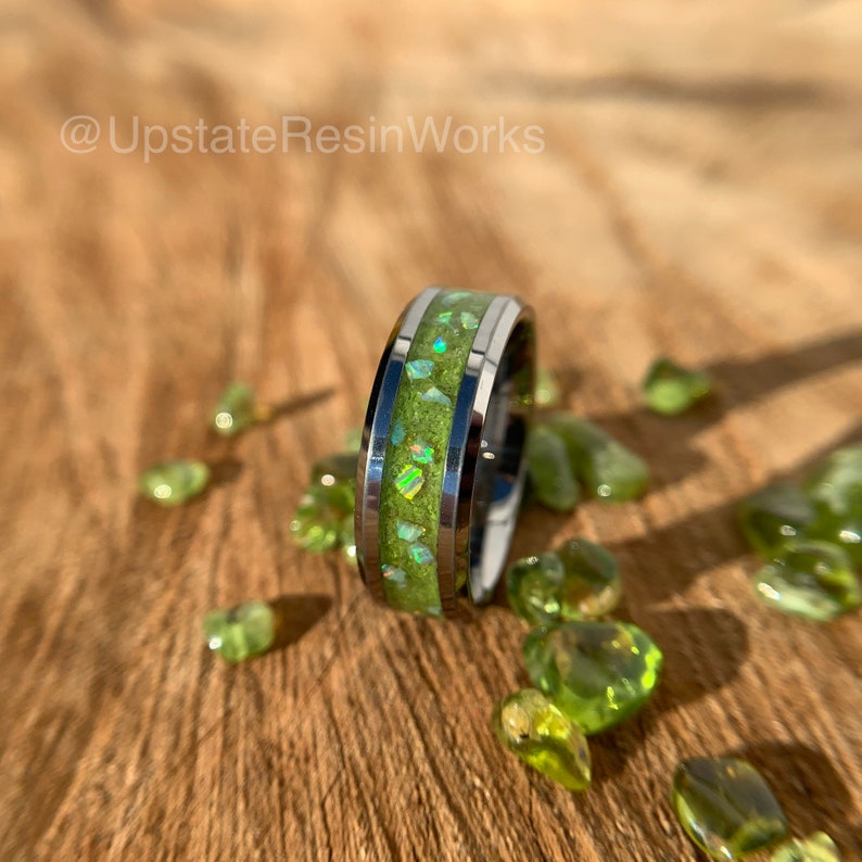 Peridot ring, Opal and Peridot band, gemstone rings, peridot vow renewal, wedding band, engagement ring, promise band, matching peridot band image 3