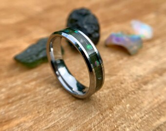 Real Moldavite ring, Opal and Moldavite ring, Tektite band, Birthstone ring, Gemstone ring, wedding band, engagement ring, promise band