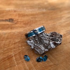 Genuine London Blue Topaz band, Meteorite and Topaz, gemstone ring, wedding ring, promise ring, Anniversary ring, engagement ring, 6mm, 8mm