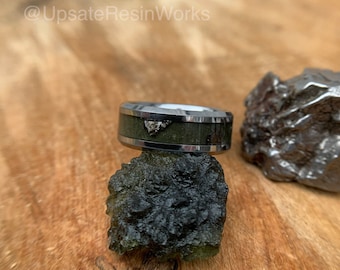 Genuine Moldavite ring, Moldavite and Meteorite ring, moldavite mens ring, moldaviite womans ring, moldavite wedding ring, engagement ring
