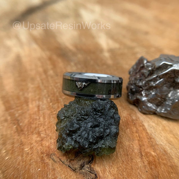 Genuine Moldavite ring, Moldavite and Meteorite ring, moldavite mens ring, moldaviite womans ring, moldavite wedding ring, engagement ring